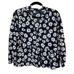 GAP Floral Cotton Long Sleeve Peplum Pullover Blouse Large Navy Blue White